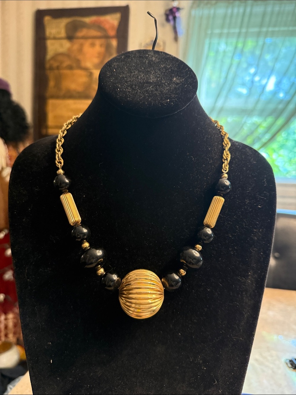 Rare Vintage Napier, gold tone and black adjustable large bead necklace